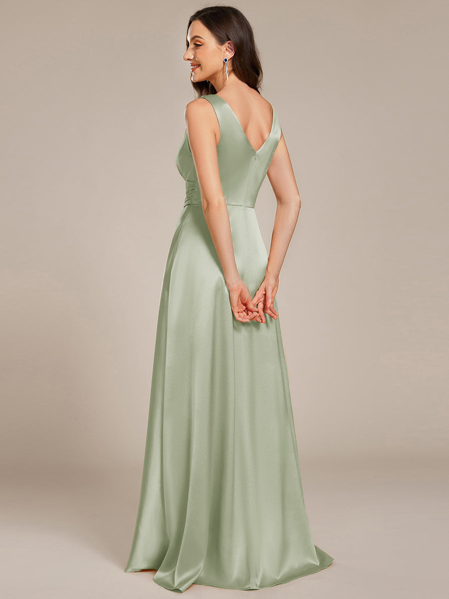 Robe de demoiselle d'honneur fendue en satin sans manches à col en V #Couleur_ #Couleur_Menthe Verte