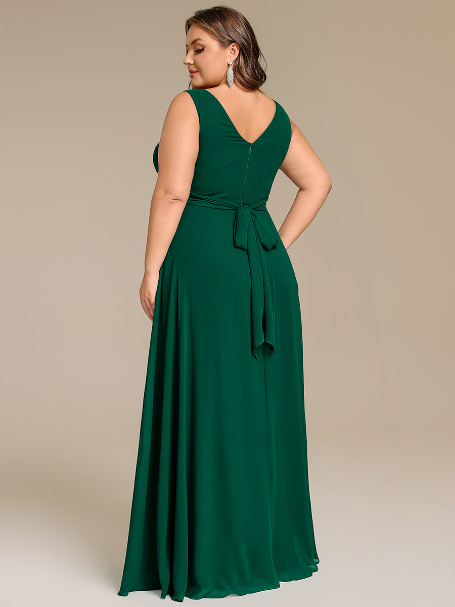 Robe de demoiselle d'honneur longue en mousseline plissée sans bretelles à col en V #Couleur_Vert Fonce