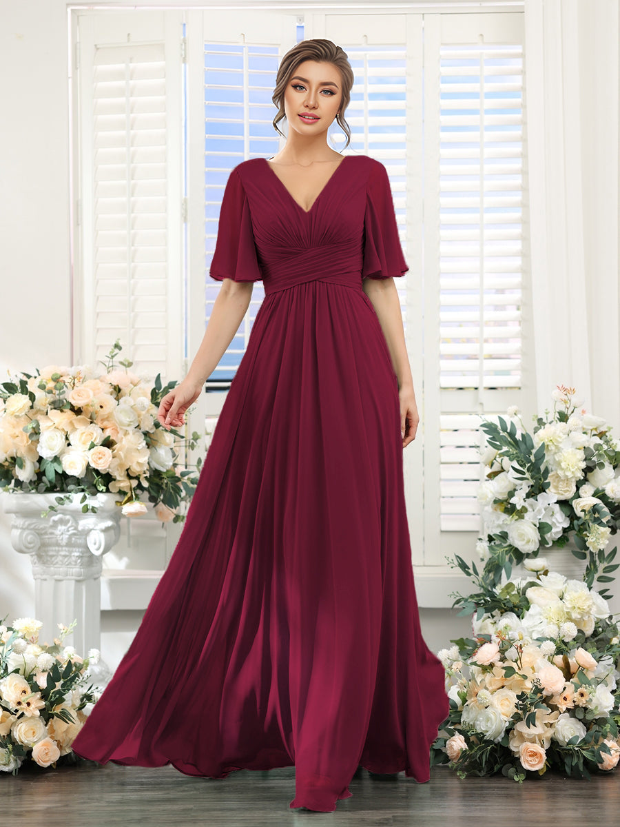 Robe longue de demoiselle d'honneur en mousseline à col en V #Couleur_Bordeaux