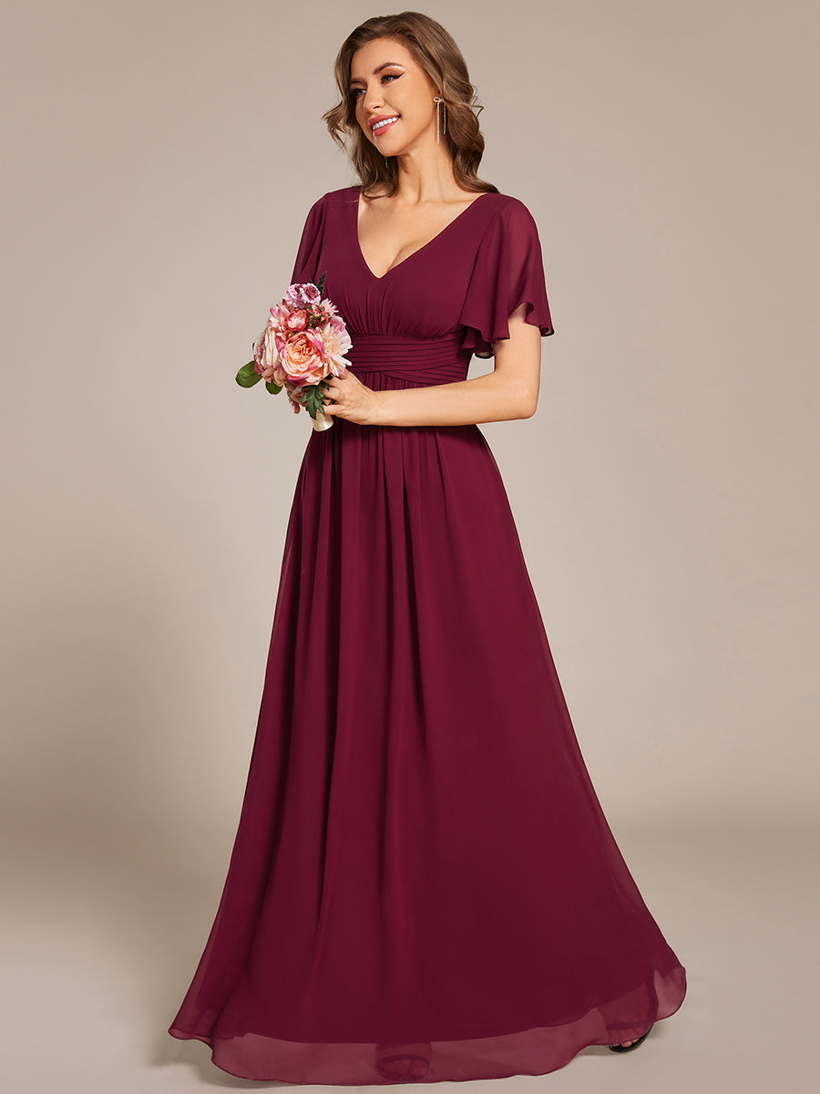 Robe longue de demoiselle d'honneur en mousseline à col en V #Couleur_Bordeaux