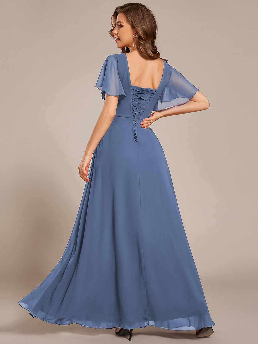 Robe longue de demoiselle d'honneur en mousseline à col en V #Couleur_Marine Fume