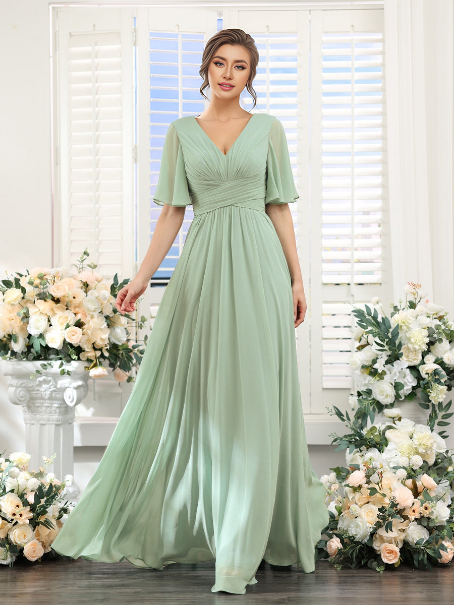 Robe longue de demoiselle d'honneur en mousseline à col en V #Couleur_Menthe Verte