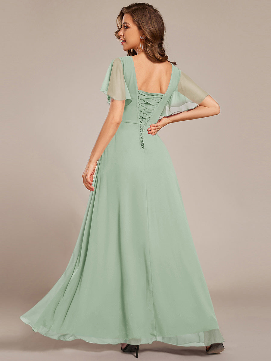 Robe longue de demoiselle d'honneur en mousseline à col en V #Couleur_Menthe Verte