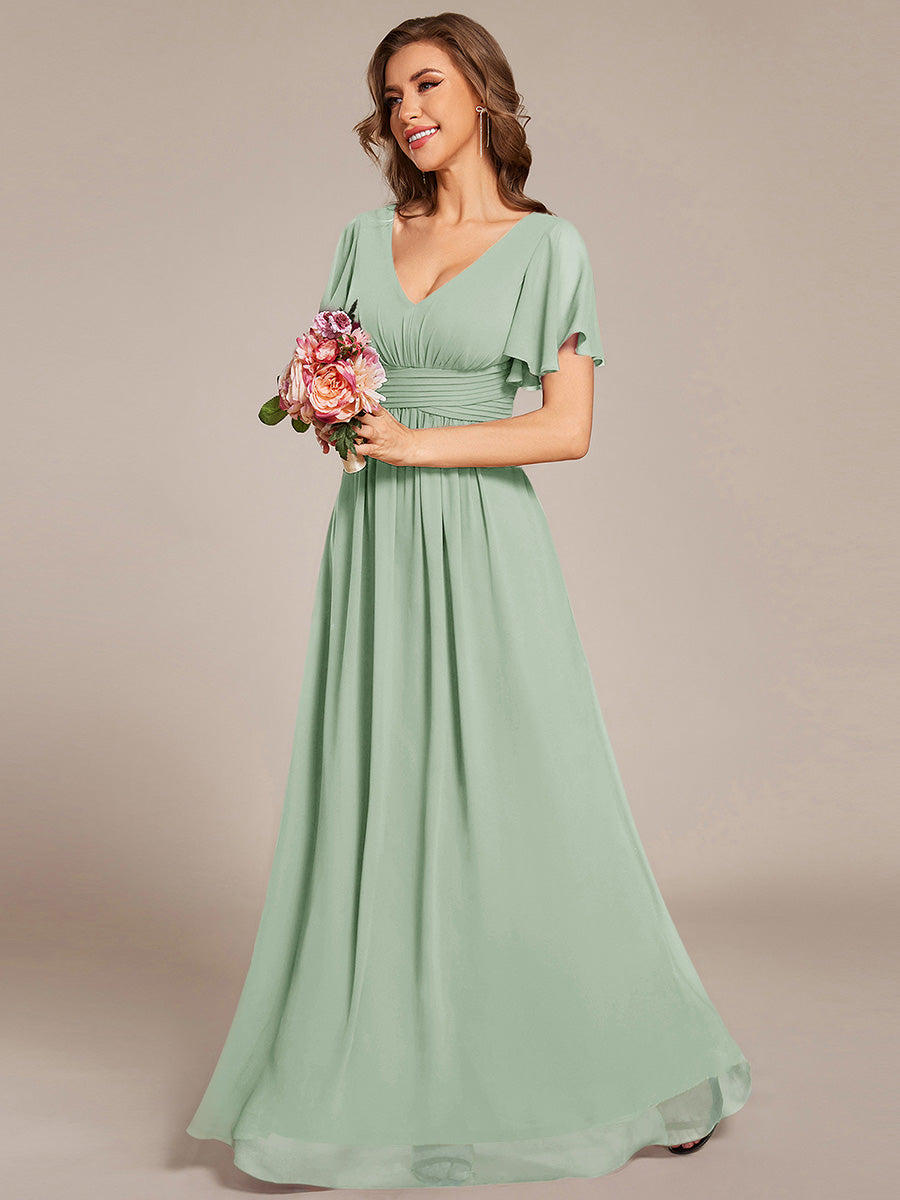 Robe longue de demoiselle d'honneur en mousseline à col en V #Couleur_Menthe Verte