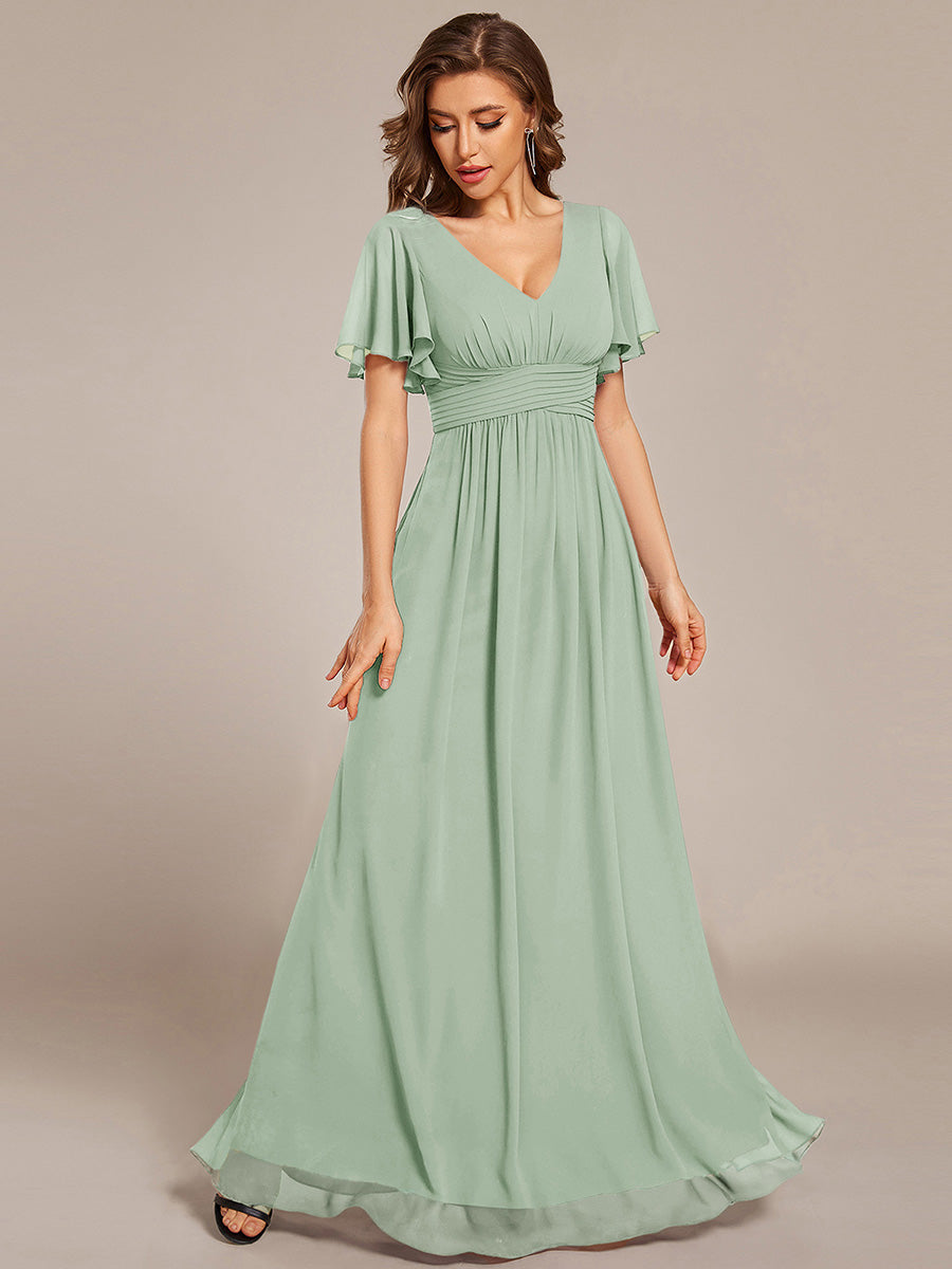 Robe longue de demoiselle d'honneur en mousseline à col en V #Couleur_Menthe Verte