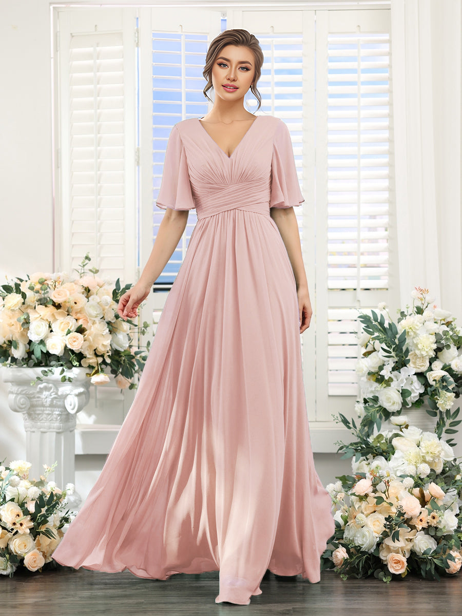 Robe longue de demoiselle d'honneur en mousseline à col en V #Couleur_Rose