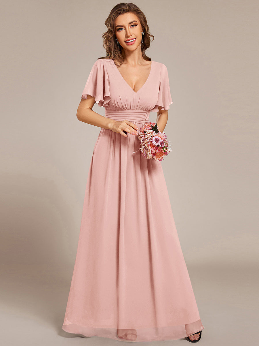 Robe longue de demoiselle d'honneur en mousseline à col en V #Couleur_Rose