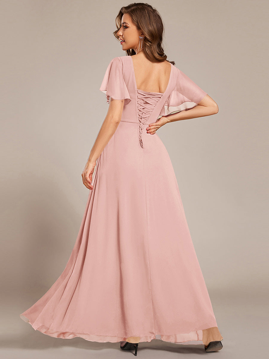 Robe longue de demoiselle d'honneur en mousseline à col en V #Couleur_Rose