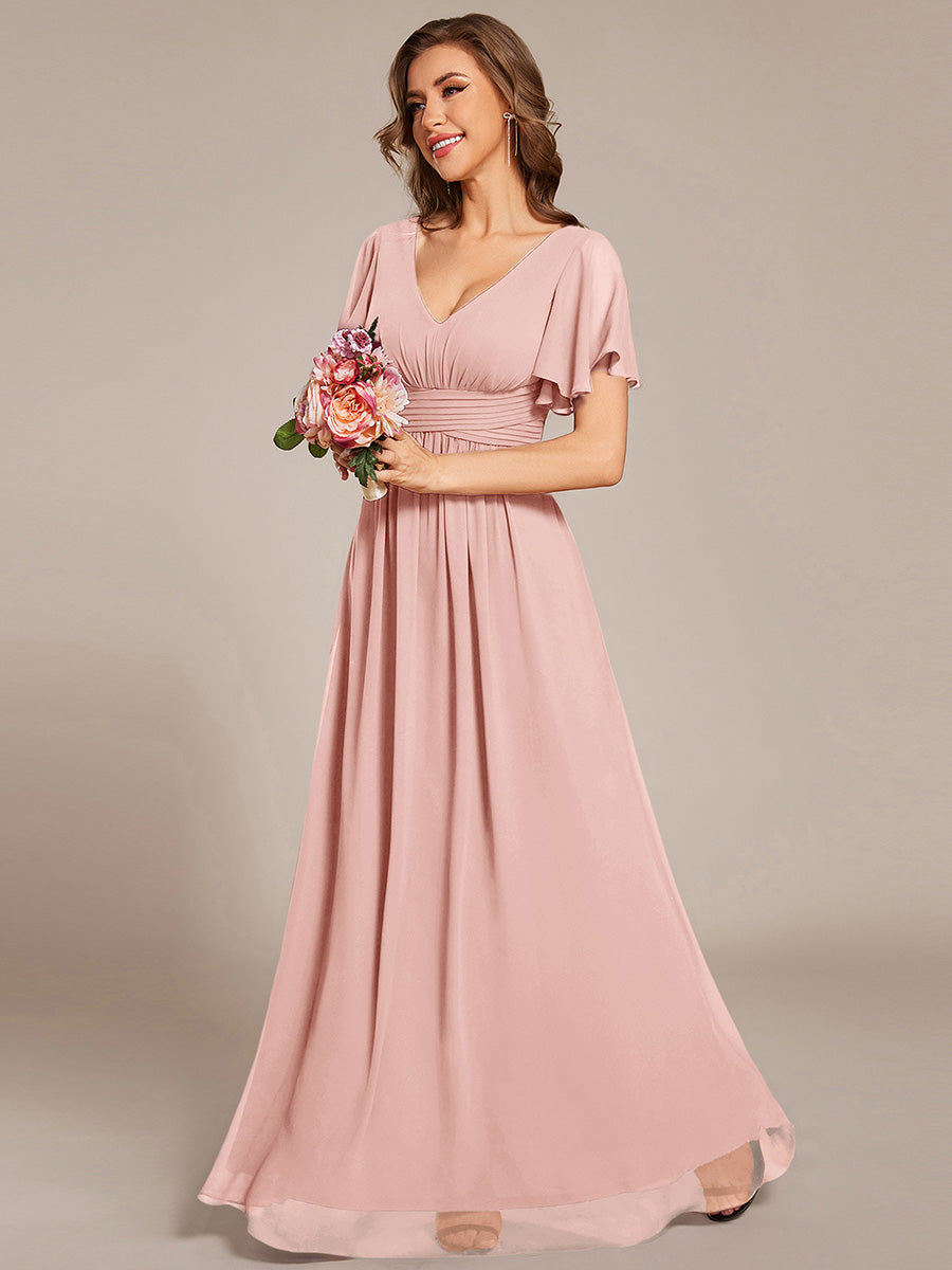 Robe longue de demoiselle d'honneur en mousseline à col en V #Couleur_Rose