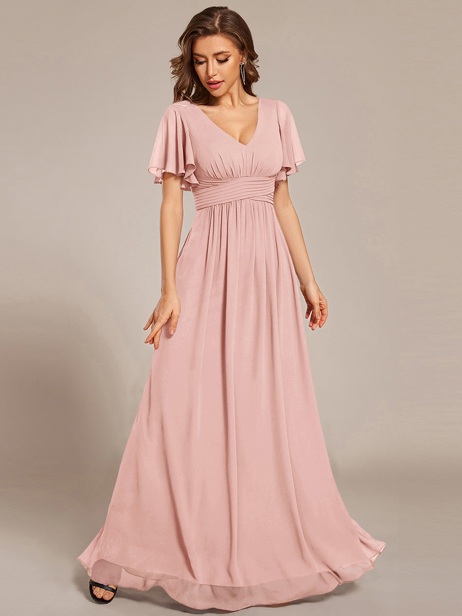 Robe longue de demoiselle d'honneur en mousseline à col en V #Couleur_Rose