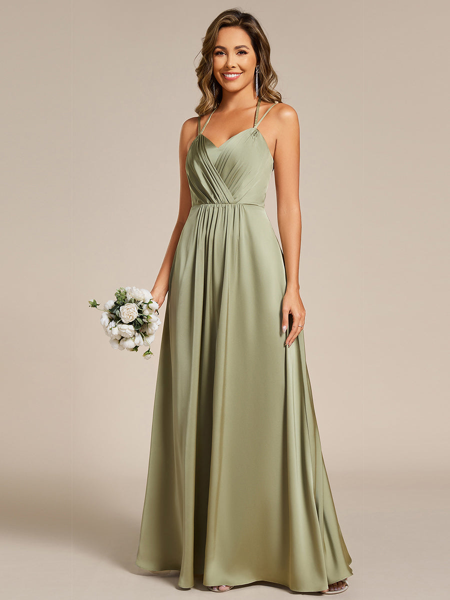 Robe de demoiselle d'honneur en satin sans manches à lacets et coupe trapèze #Couleur_Vert sauge