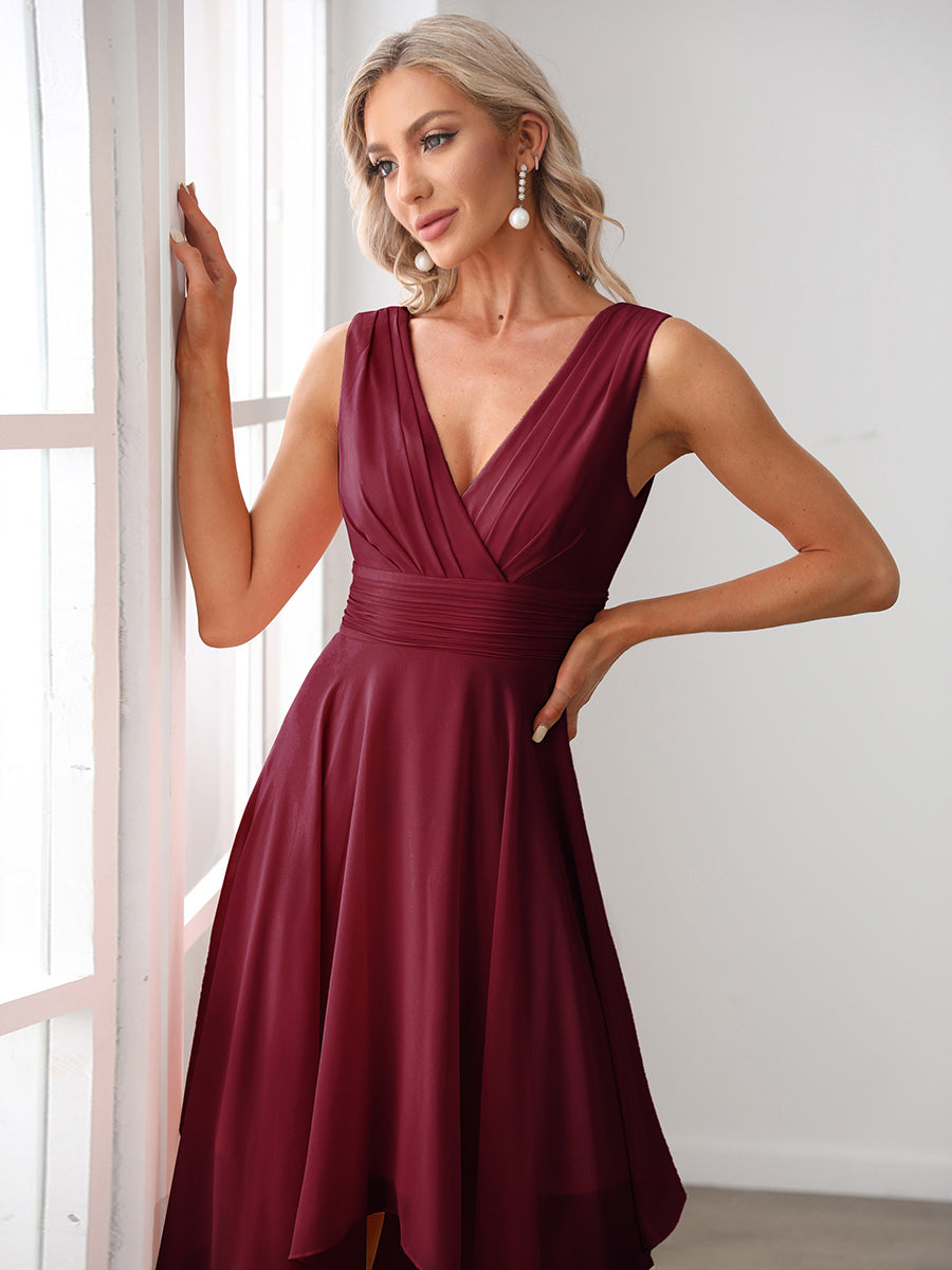 Robe mariage invitée bohème en mousseline de soie col en V profond #Couleur_Bordeaux