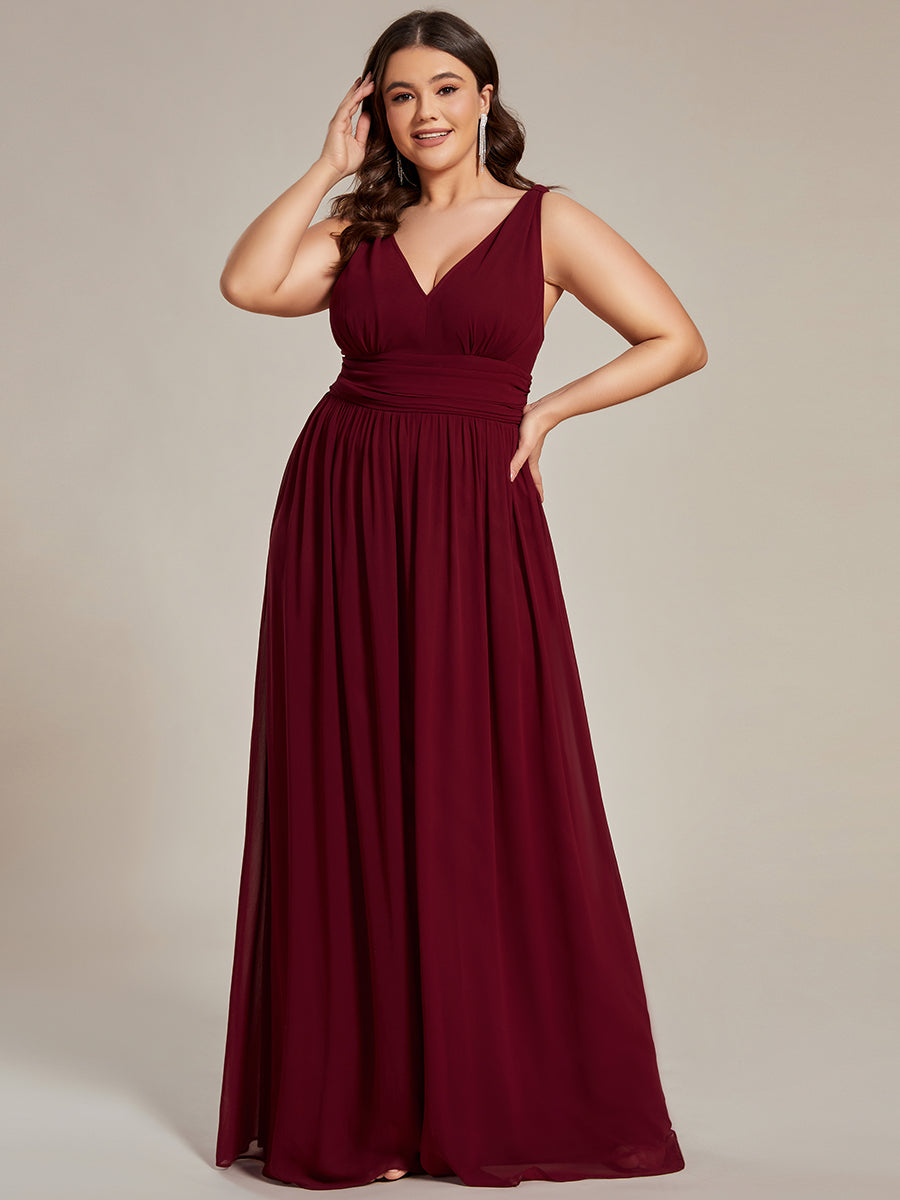 Col V sans manches plissé chiffon robe de soirée #Couleur_Bordeaux