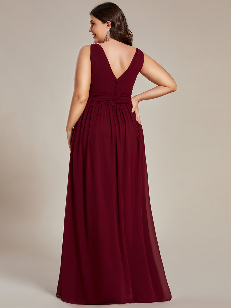 Col V sans manches plissé chiffon robe de soirée #Couleur_Bordeaux