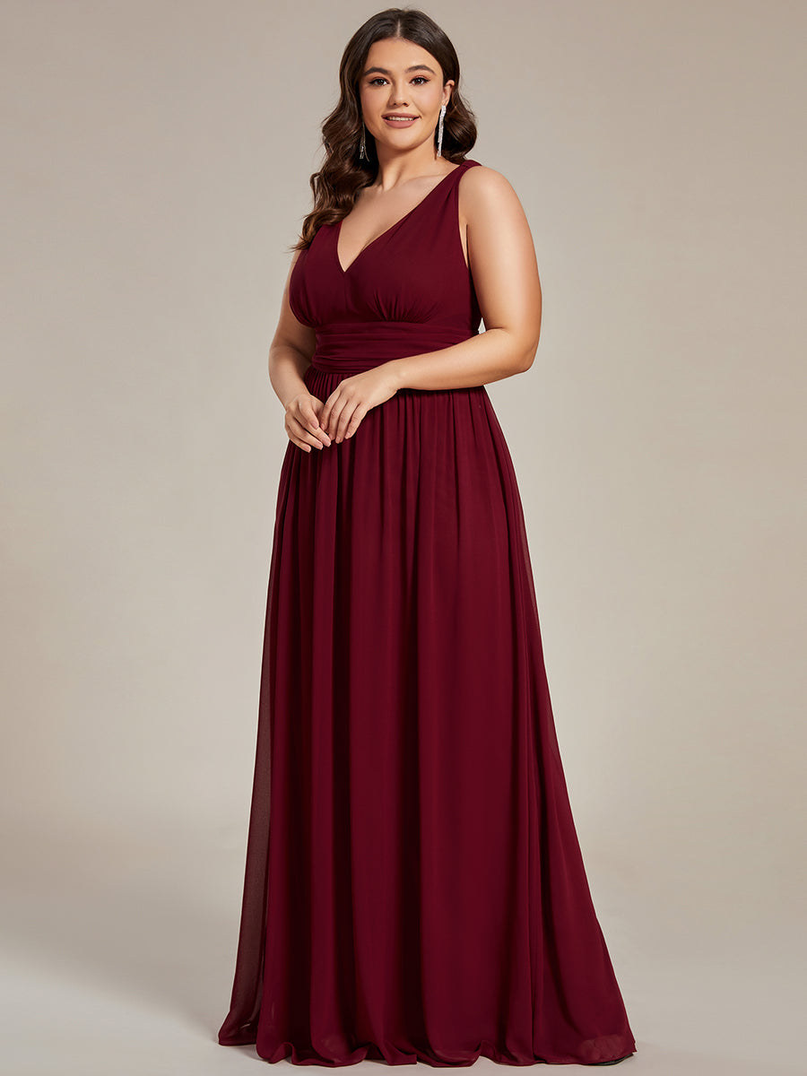 Col V sans manches plissé chiffon robe de soirée #Couleur_Bordeaux