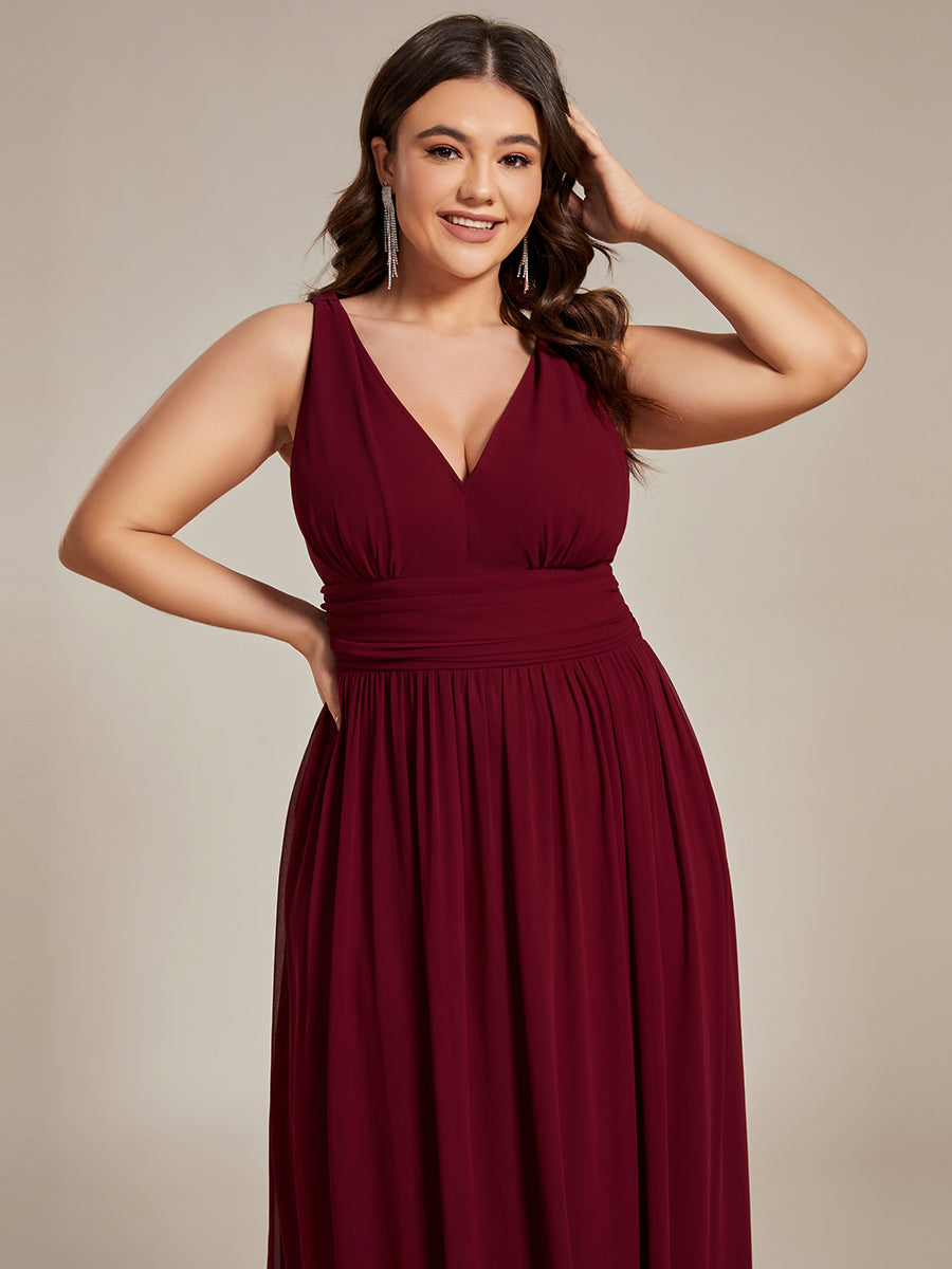 Col V sans manches plissé chiffon robe de soirée #Couleur_Bordeaux