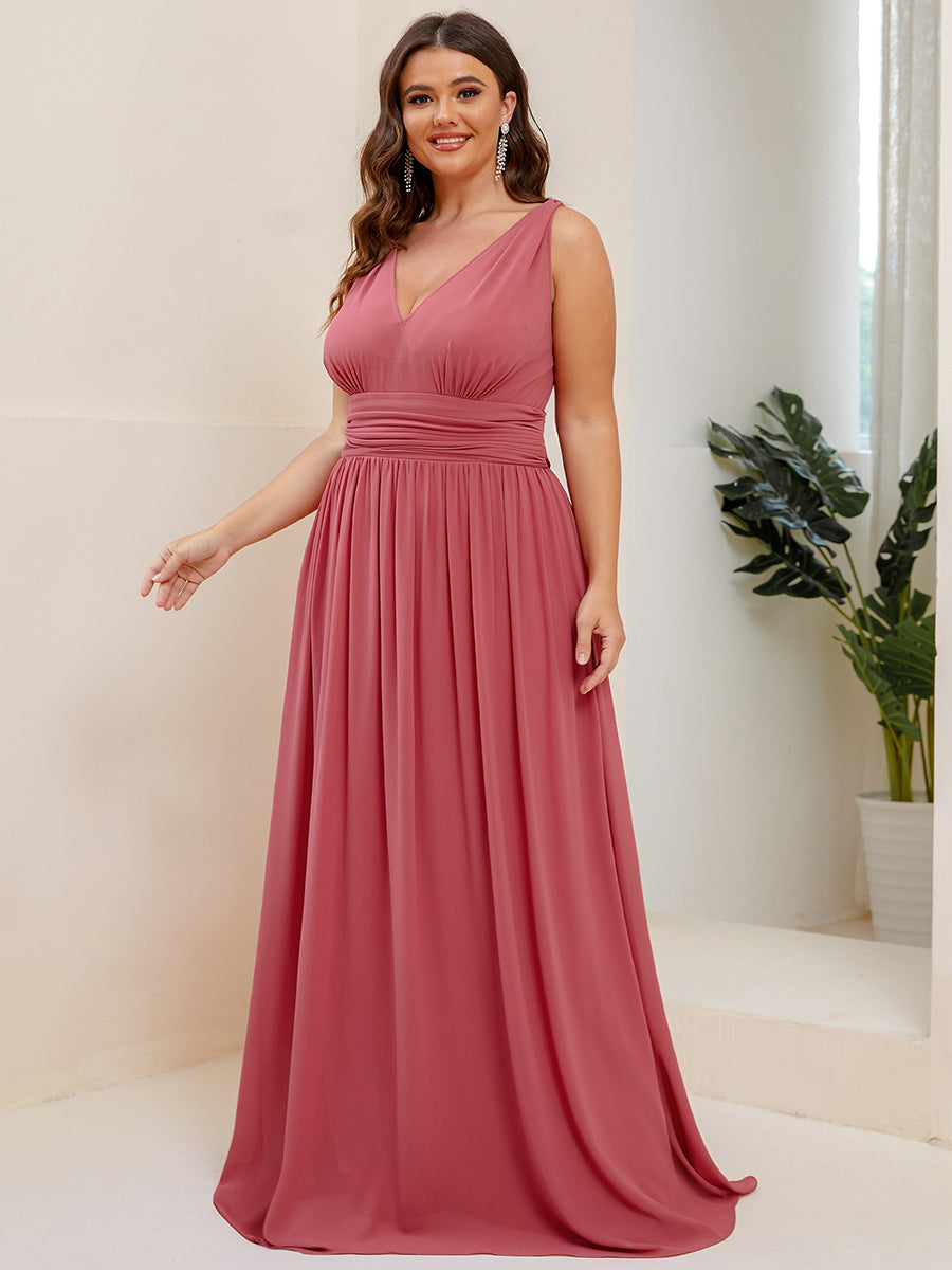 Robe de demoiselle d'honneur en mousseline de soie à col en V grande taille #Couleur_Rose corail