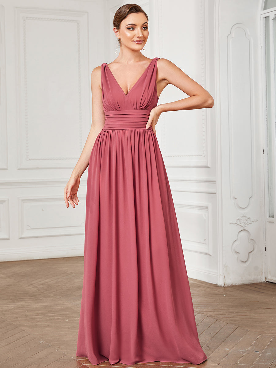 Col V sans manches plissé chiffon robe de soirée #Couleur_Rose corail