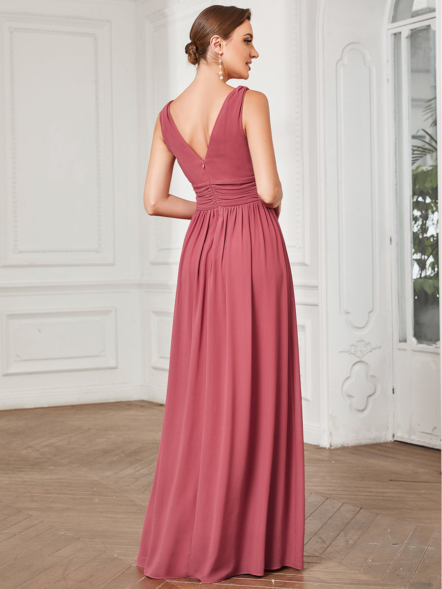 Col V sans manches plissé chiffon robe de soirée #Couleur_Rose corail