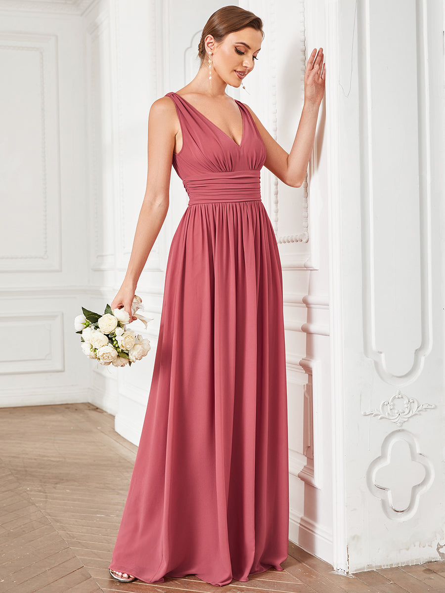 Col V sans manches plissé chiffon robe de soirée #Couleur_Rose corail