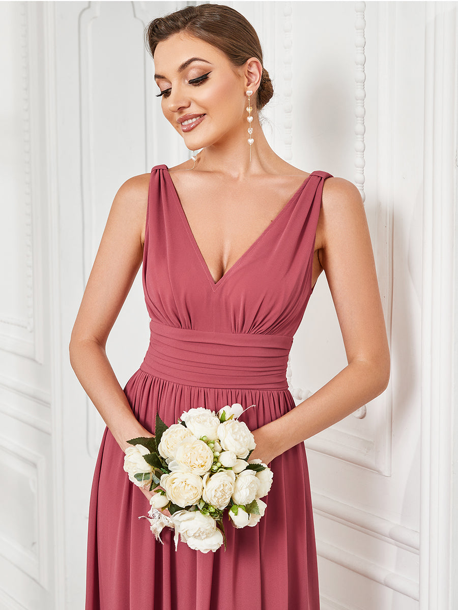 Col V sans manches plissé chiffon robe de soirée #Couleur_Rose corail