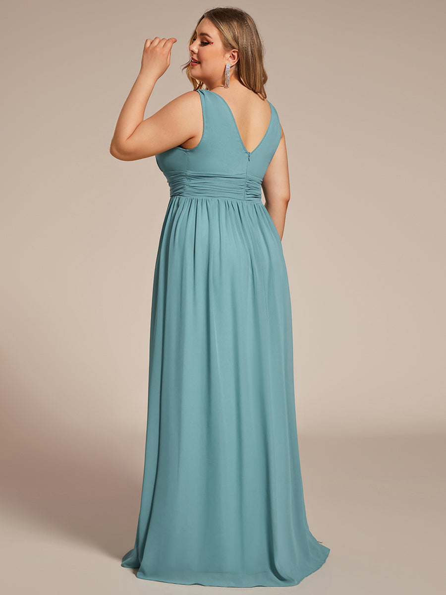 Col V sans manches plissé chiffon robe de soirée #Couleur_Bleu Fume