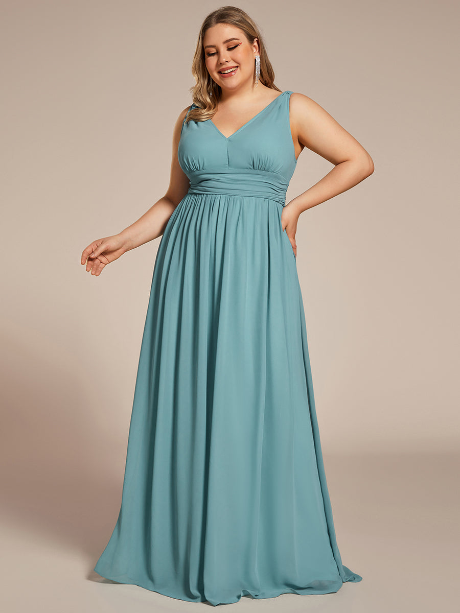 Col V sans manches plissé chiffon robe de soirée #Couleur_Bleu Fume