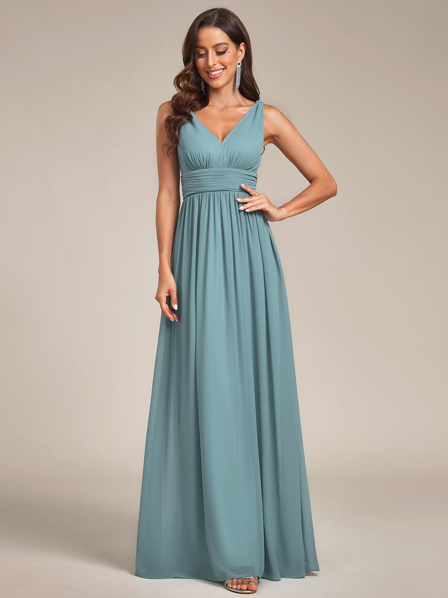 Col V sans manches plissé chiffon robe de soirée #Couleur_Bleu Fume