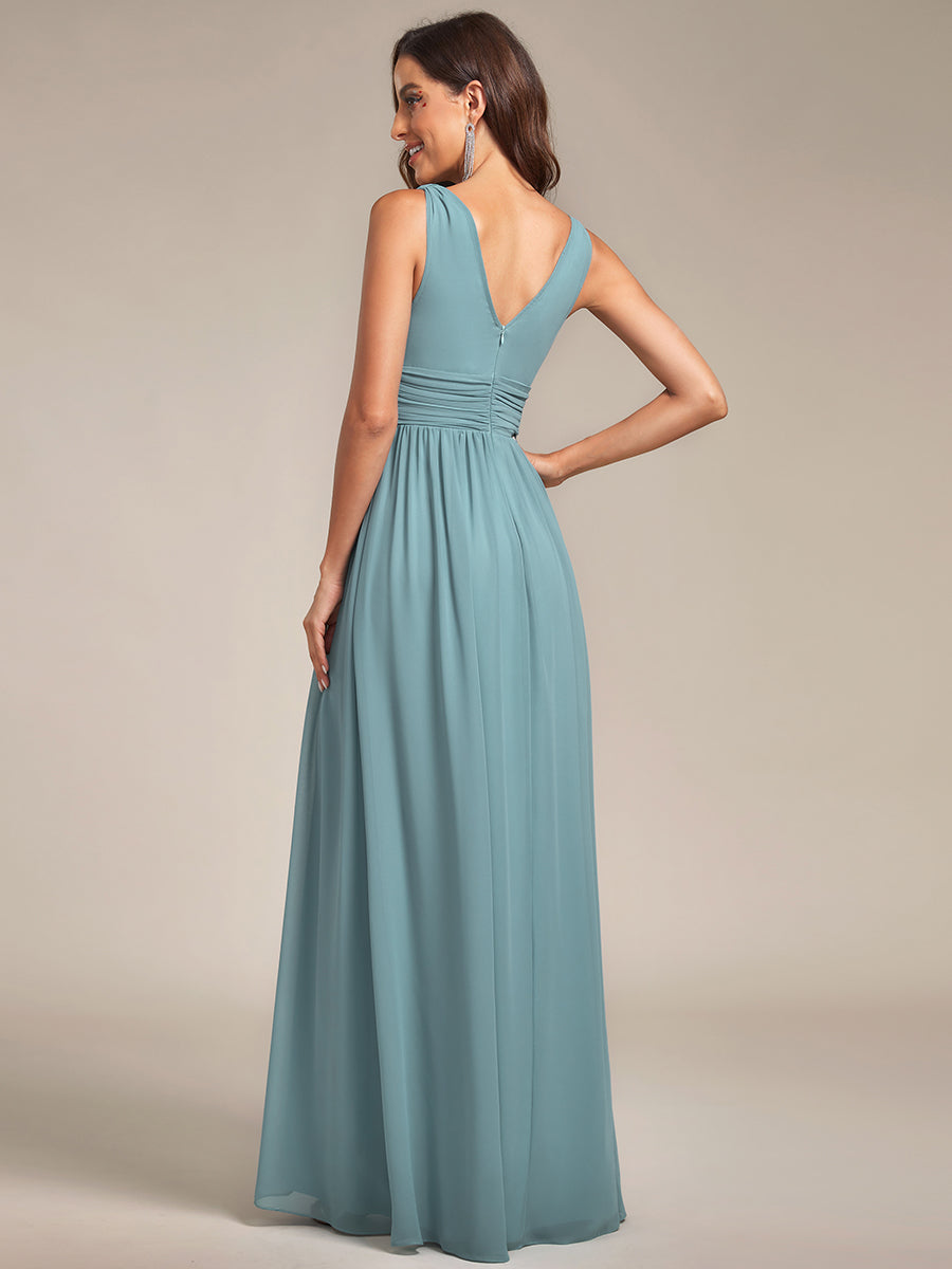 Col V sans manches plissé chiffon robe de soirée #Couleur_Bleu Fume