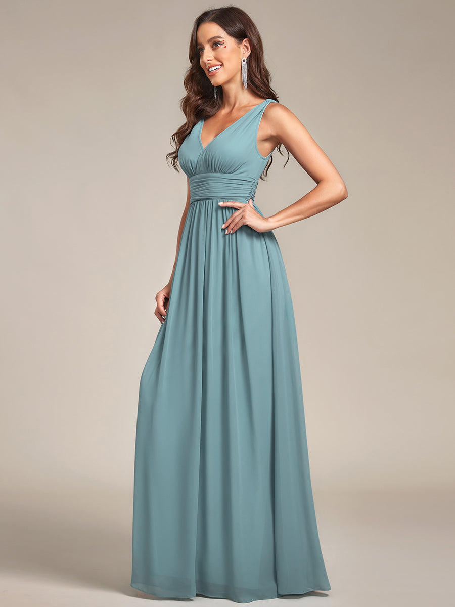 Col V sans manches plissé chiffon robe de soirée #Couleur_Bleu Fume