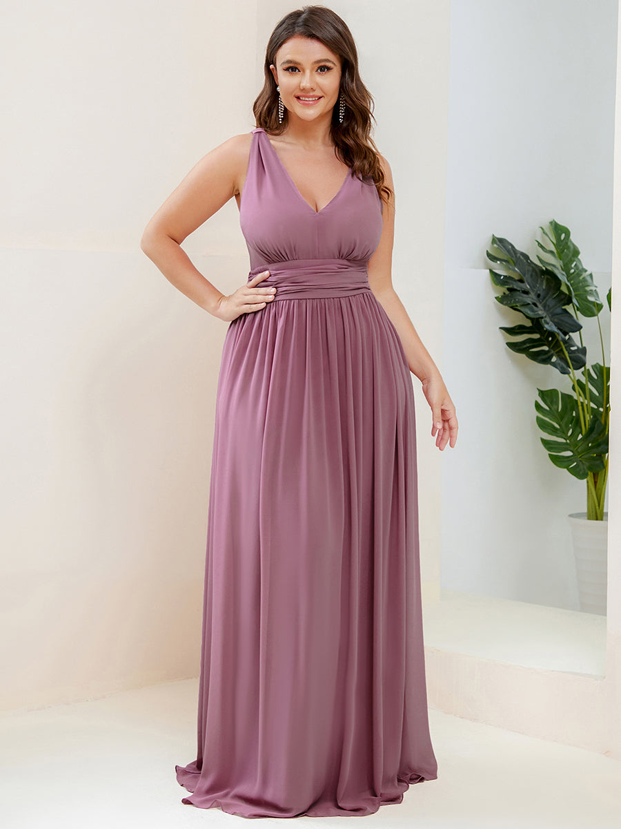 Col V sans manches plissé chiffon robe de soirée #Couleur_Orchidee