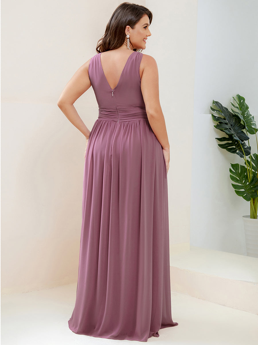 Col V sans manches plissé chiffon robe de soirée #Couleur_Orchidee