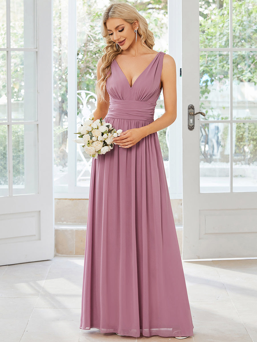 Col V sans manches plissé chiffon robe de soirée #Couleur_Orchidee