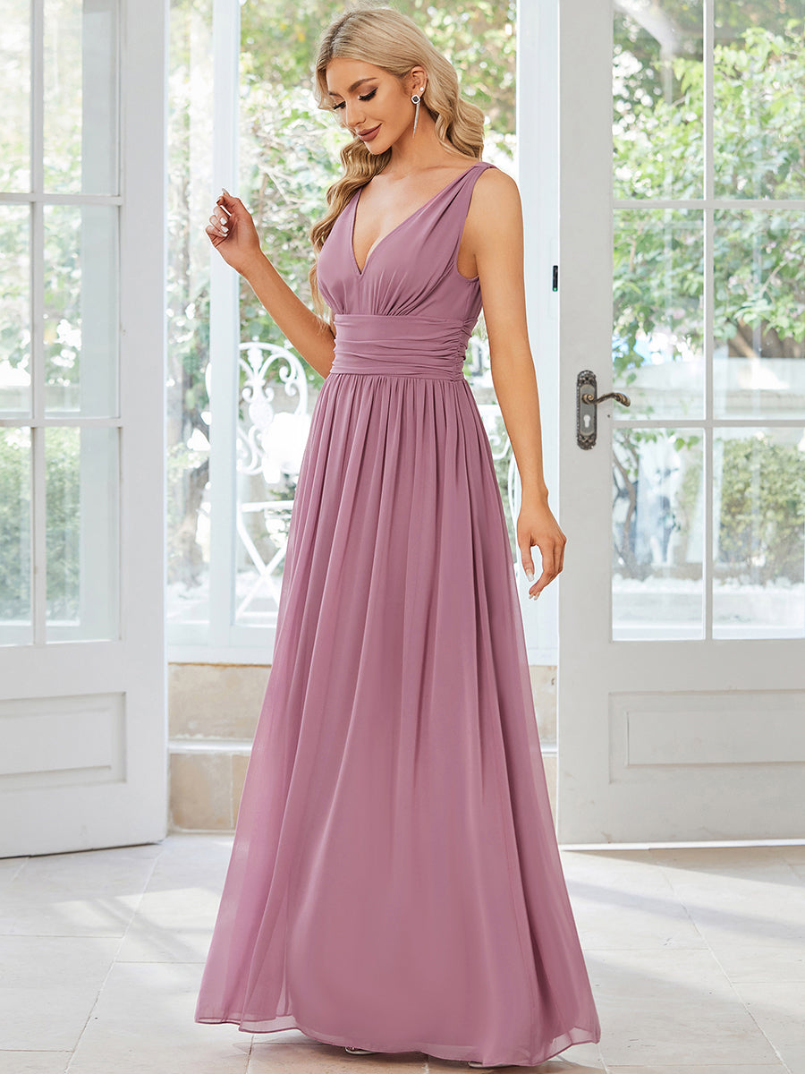 Col V sans manches plissé chiffon robe de soirée #Couleur_Orchidee