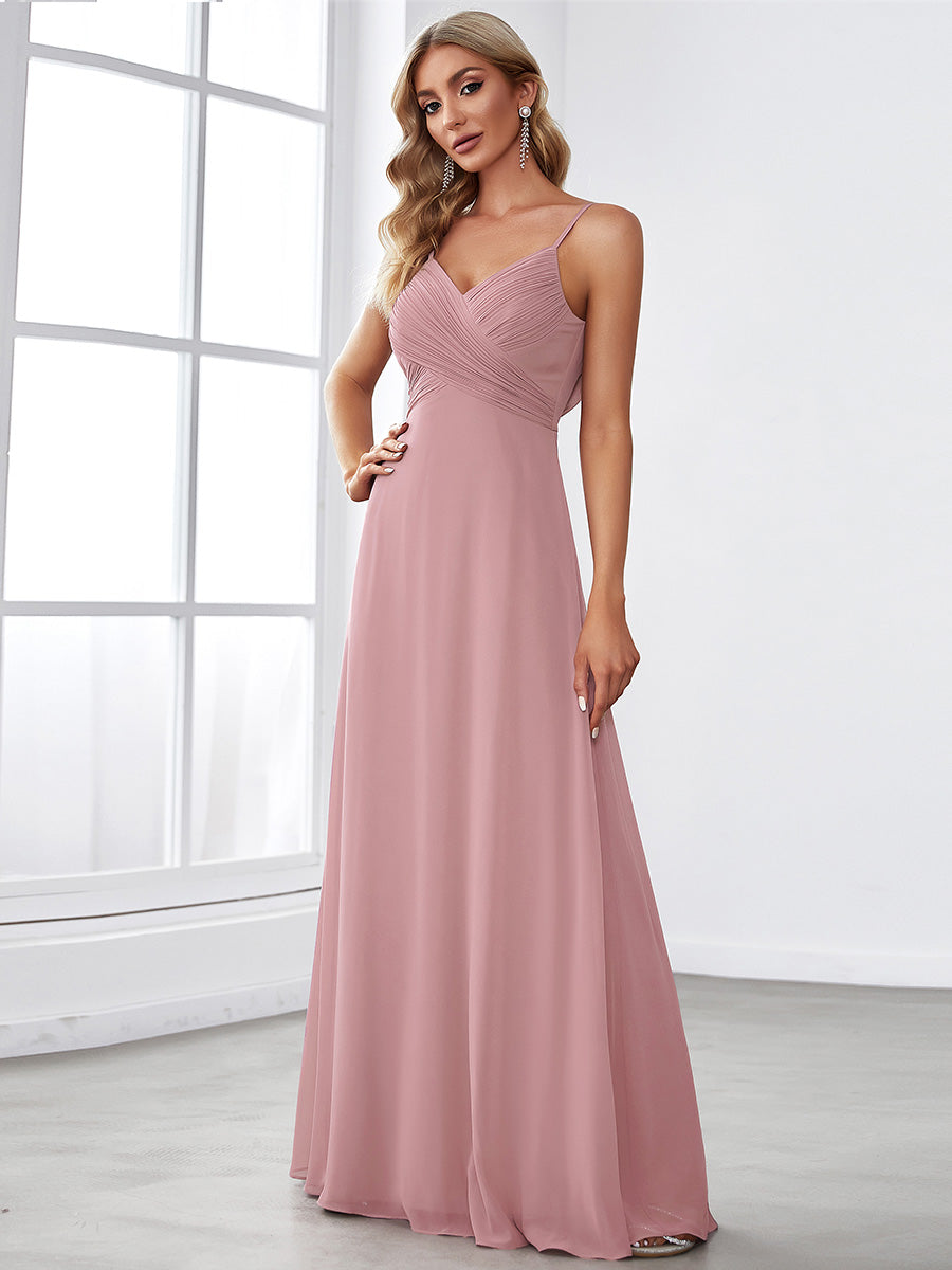 Robe de demoiselle d'honneur drapée au dos avec décolleté en cœur #Couleur_Rose fumee