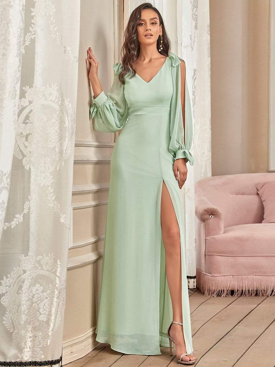 Robe invitée mariage à manches fendues et dos nu #Couleur_Menthe Verte