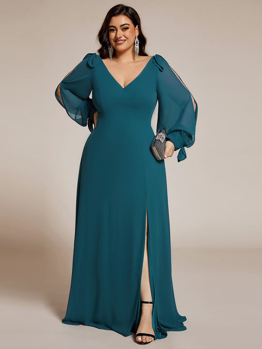 Robe de demoiselle d'honneur à manches fendues et dos nu #Couleur_Bleu Sarcelle