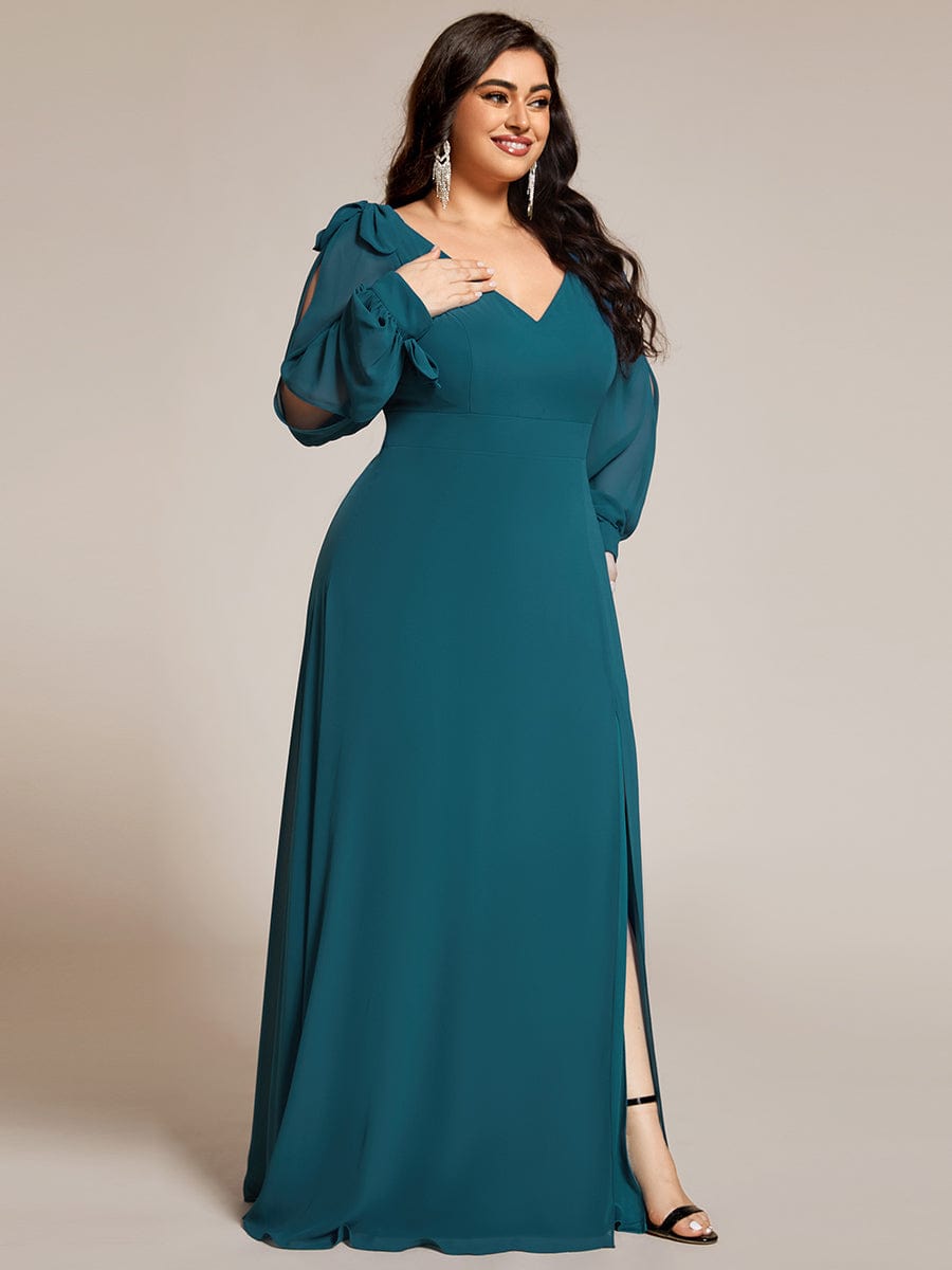 Robe de demoiselle d'honneur à manches fendues et dos nu #Couleur_Bleu Sarcelle