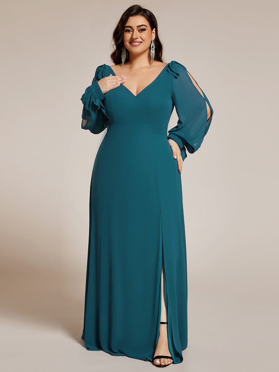 Robe de demoiselle d'honneur à manches fendues et dos nu #Couleur_Bleu Sarcelle