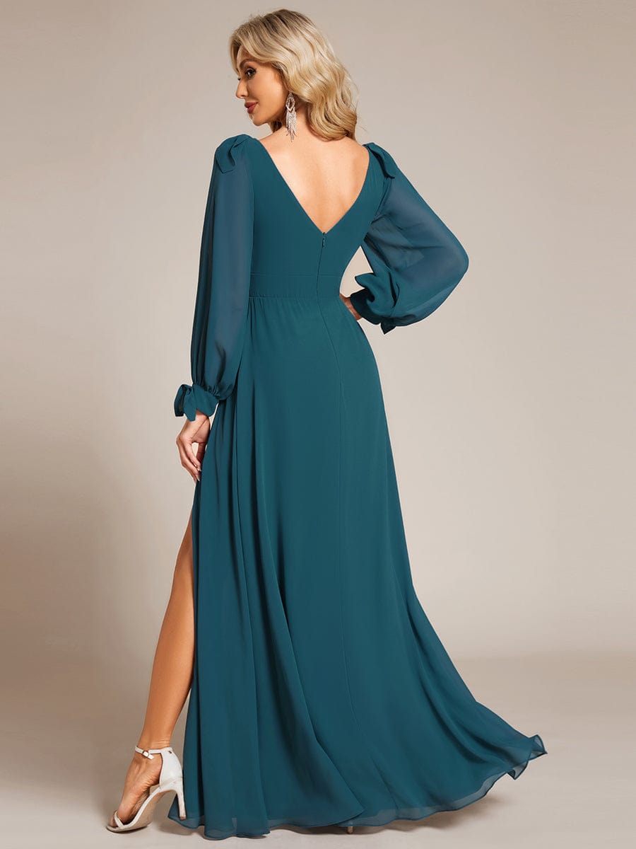 Robe invitée mariage à manches fendues et dos nu #Couleur_Bleu Sarcelle