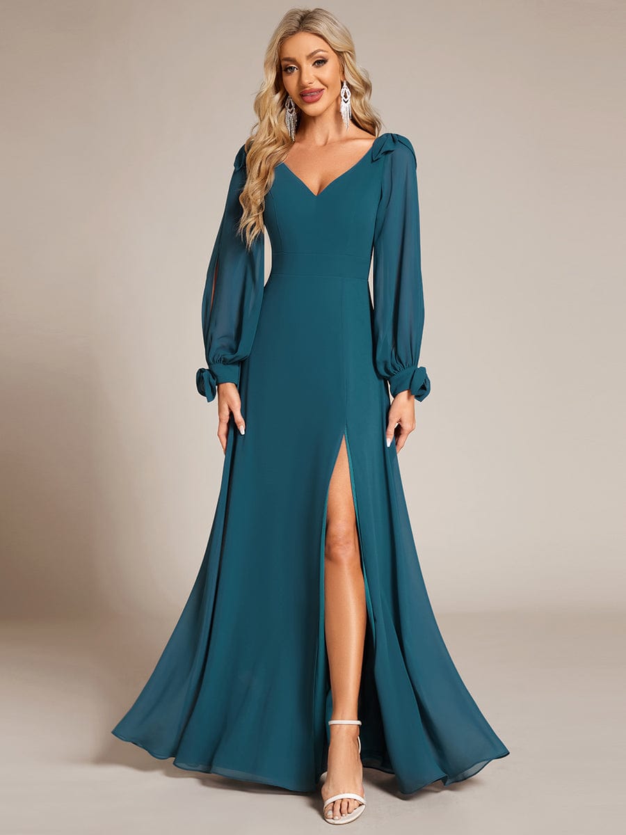 Robe invitée mariage à manches fendues et dos nu #Couleur_Bleu Sarcelle