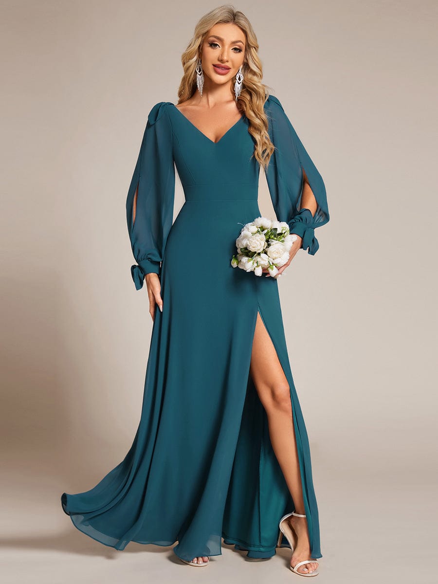 Robe invitée mariage à manches fendues et dos nu #Couleur_Bleu Sarcelle