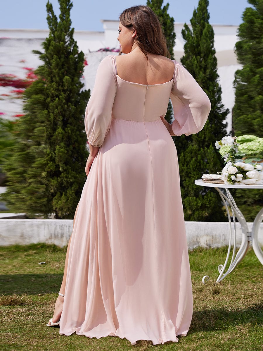 Robe de demoiselle d'honneur plissée taille haute fendue de grande taille avec manches longues #Couleur_Rose