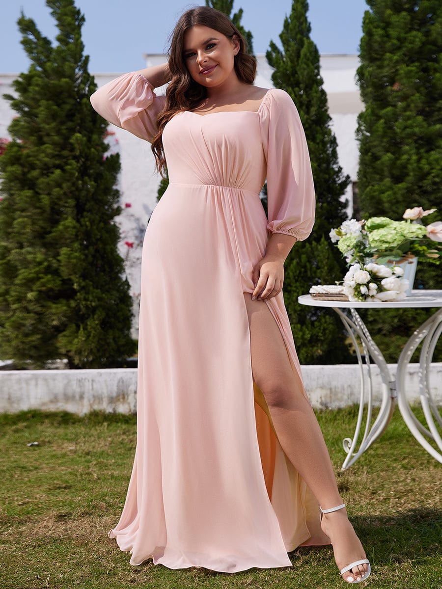 Robe de demoiselle d'honneur plissée taille haute fendue de grande taille avec manches longues #Couleur_Rose