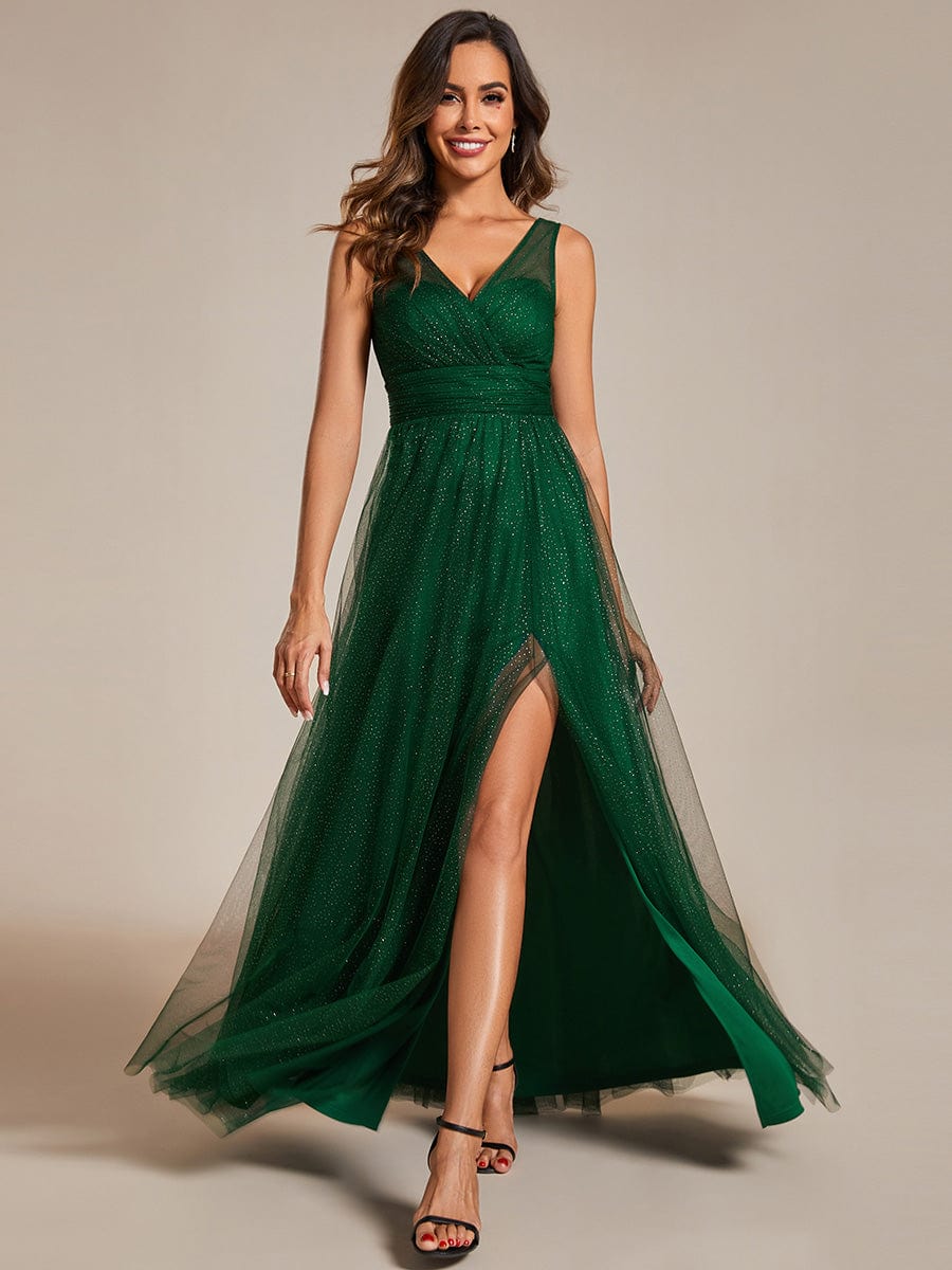 Robe de demoiselle d'honneur scintillante taille haute et fente avec col en V #Couleur_Vert Fonce