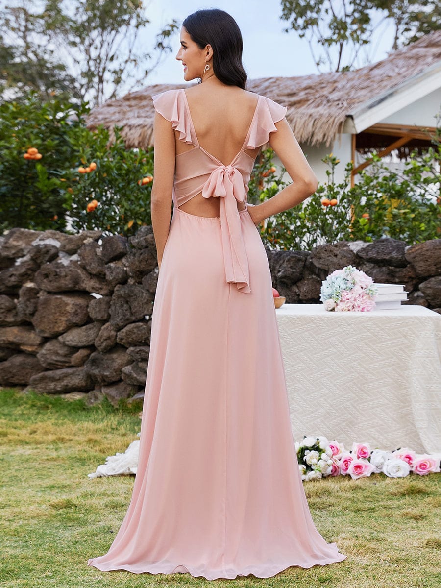 Robe de demoiselle d'honneur en mousseline à manches volantées et nœud papillon au dos avec fente haute et col en U #Couleur_Rose