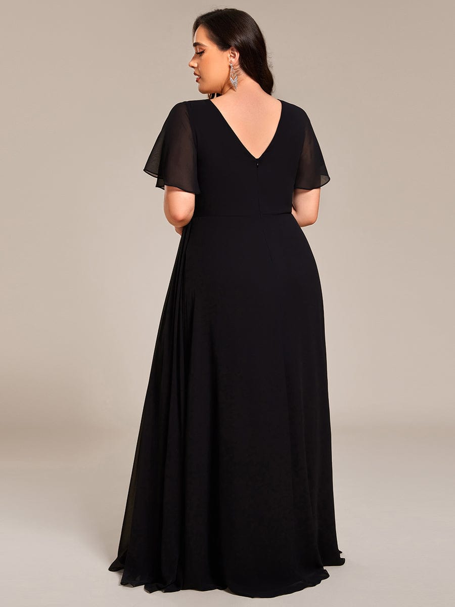 Robe de demoiselle d'honneur taille haute en mousseline de soie col en V fente haute manches à volants #Couleur_Noir