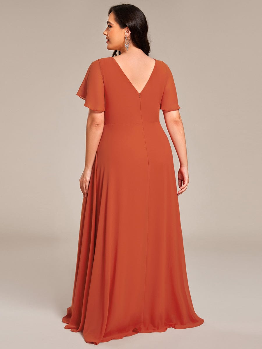 Robe de demoiselle d'honneur taille haute en mousseline de soie col en V fente haute manches à volants #Couleur_Orange Brûlée