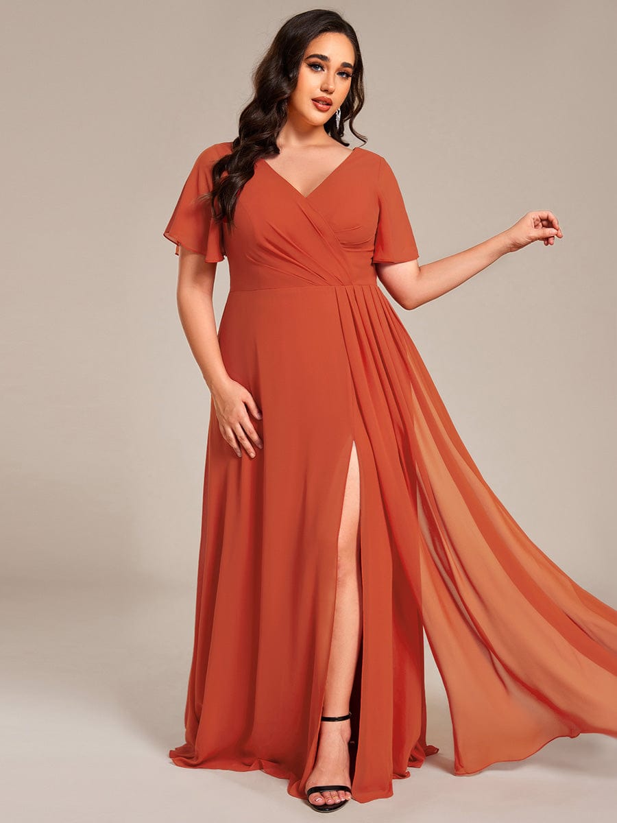 Robe de demoiselle d'honneur taille haute en mousseline de soie col en V fente haute manches à volants #Couleur_Orange Brûlée