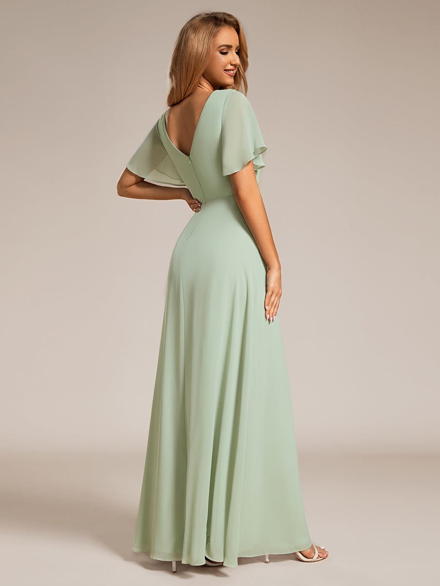 Robe de demoiselle d'honneur taille haute en mousseline de soie col en V fente haute manches à volants #Couleur_Menthe Verte